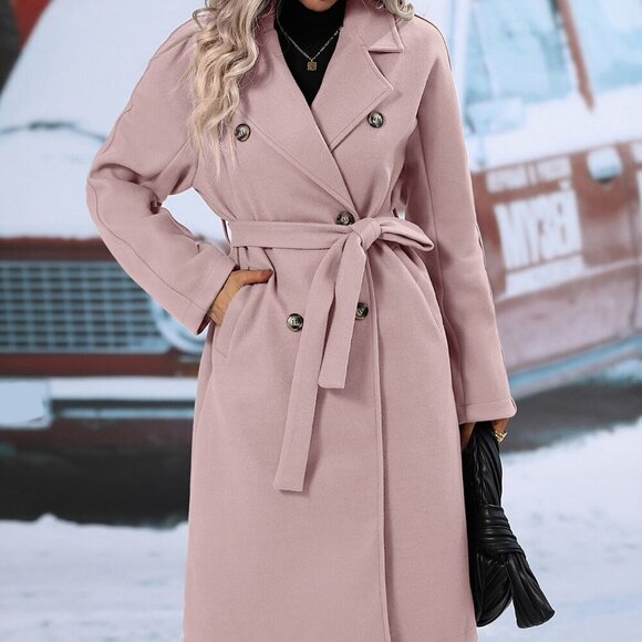 Casual Women's Lapel Neck Double Breasted Belted Jacket coat Dusty Pink - Picture 5 of 7